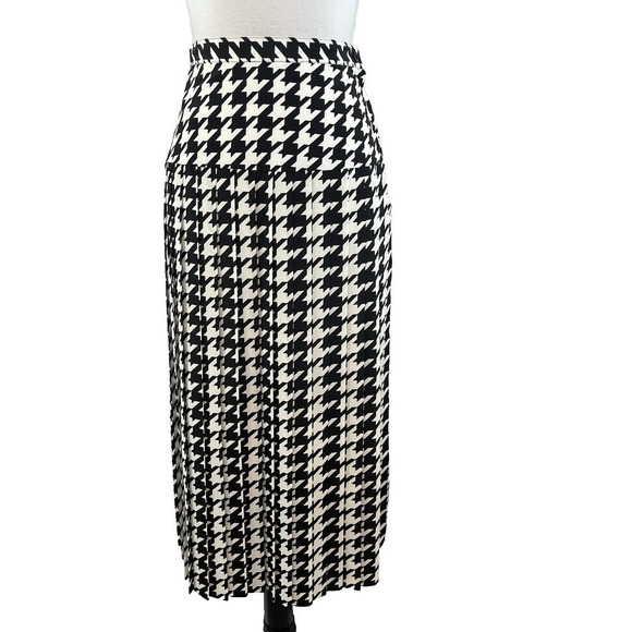 Vintage Kasper Skirt size 8 Black Ivory Hounds Tooth Pleated Midi Career Modest - Picture 1 of 10